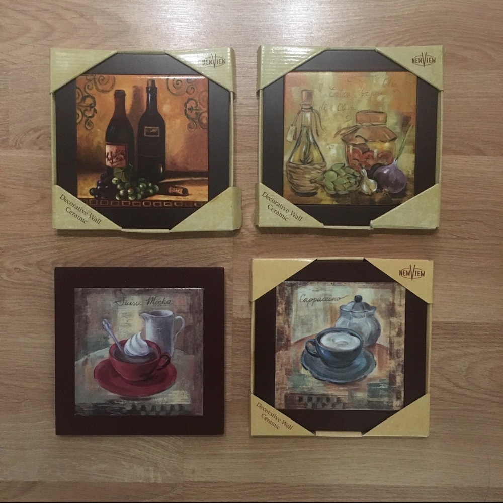 4 Tile Wall Art- Coffee, Wine, Oil & Garlic NIB